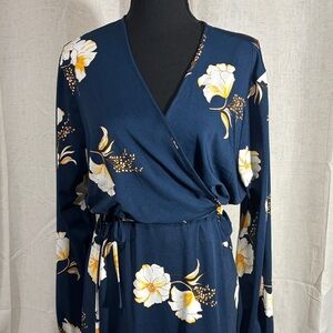 Ups & Downs Navy Floral Wrap Midi Dress - Elegant Long Sleeve